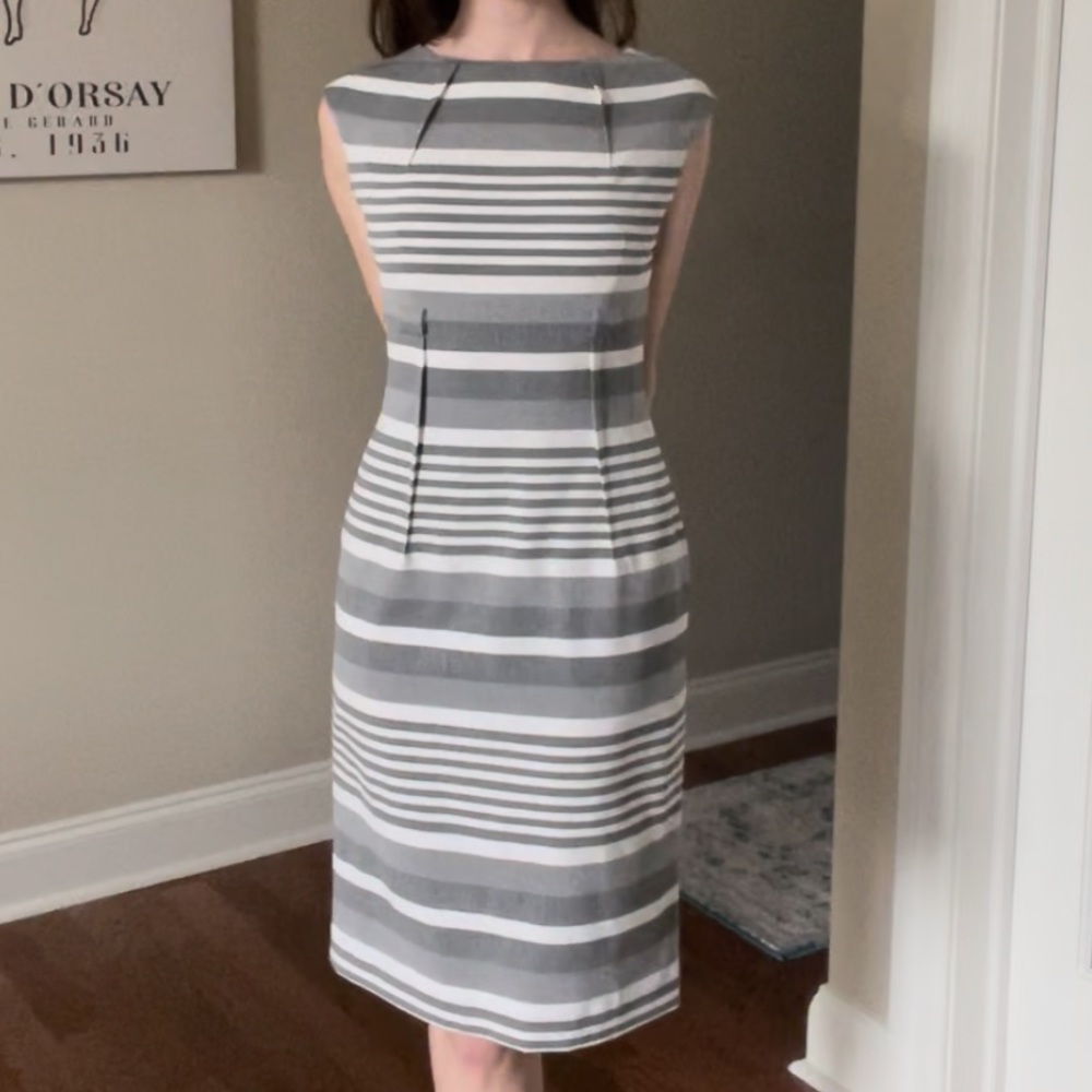 Calvin Klein grey & white striped dress with capped sleeves — like new!!